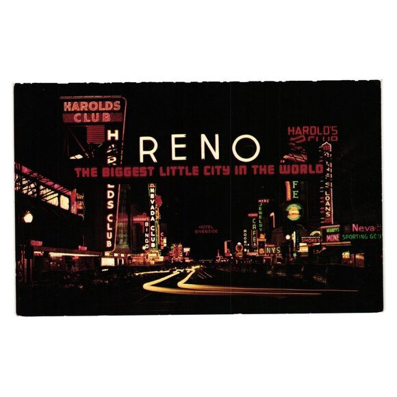 Vintage Reno Postcard Night Lights Gambling Vacation Marquee Harolds Club - Picture 1 of 2